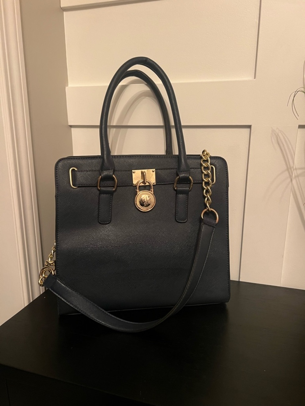 Michael Kors Black Leather Shoulder Satchel with Gold Hardware